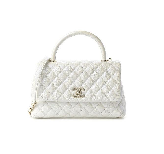 Coco Flap Bag with Top Handle Medium White GHW - Elysées Boutique